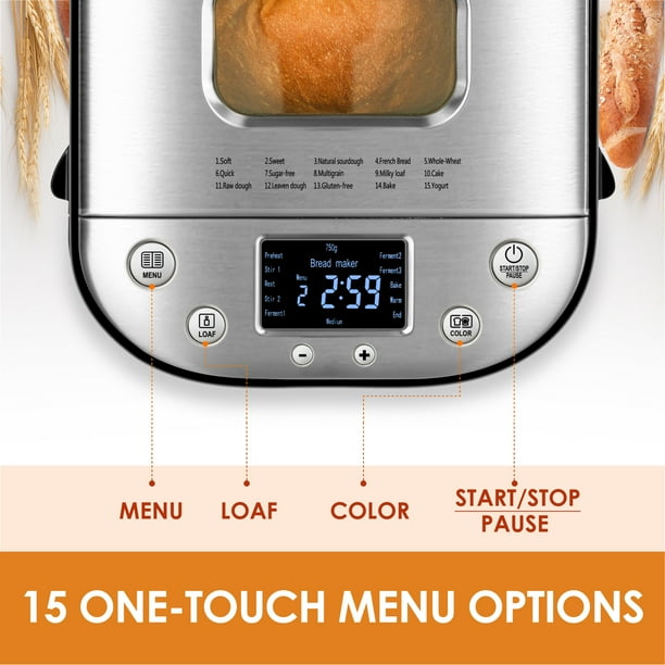 15-in-1 Bread Machine in a Field - 2LB Stainless Metal Computerized Bread Maker with Recipes - Silver