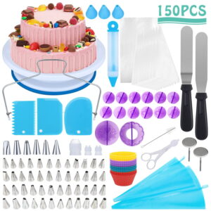 150-Piece Cake Adorning Provides Set: Contains Cupcake Adorning Equipment, Rotating Turntable Stand, Piping Nozzles and Luggage, Cake Scrapers, and Icing Spatula