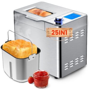 VAVSEA 25-in-1 Bread Maker – 2LB Dough and Bread Machine with Computerized Fruit and Nut Dispenser, Stainless Metal, with Reserve and Hold Heat Operate